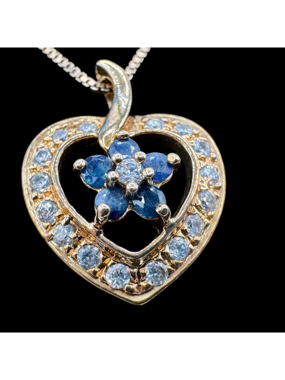 Sweet Heart Sapphire Pendant Sterling Vermeil Box Chain Necklace 18" 925 5g